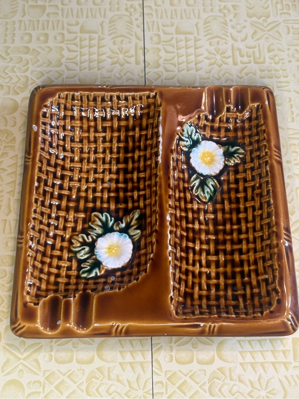 Vintage Ceramic Brown Woven-Texture Ash Tray with Floral Accents